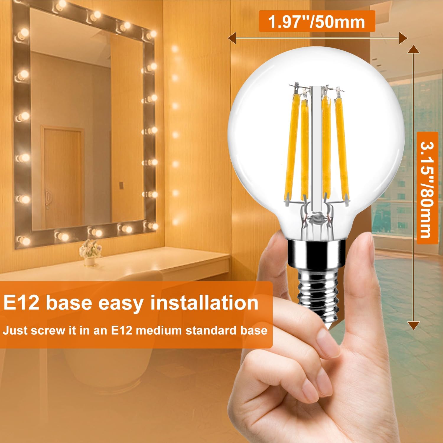 Vinaco G16.5 Candelabra Base Bulbs LED, 6 Pack 400LM G16.5 Light Bulb LED 4W, Equivalent 40W, Warm White 2700K No Flicker G 16.5 Dimmable Bulbs 120V, E12 Base for Chandeliers, Ceiling Fan, Pendant.