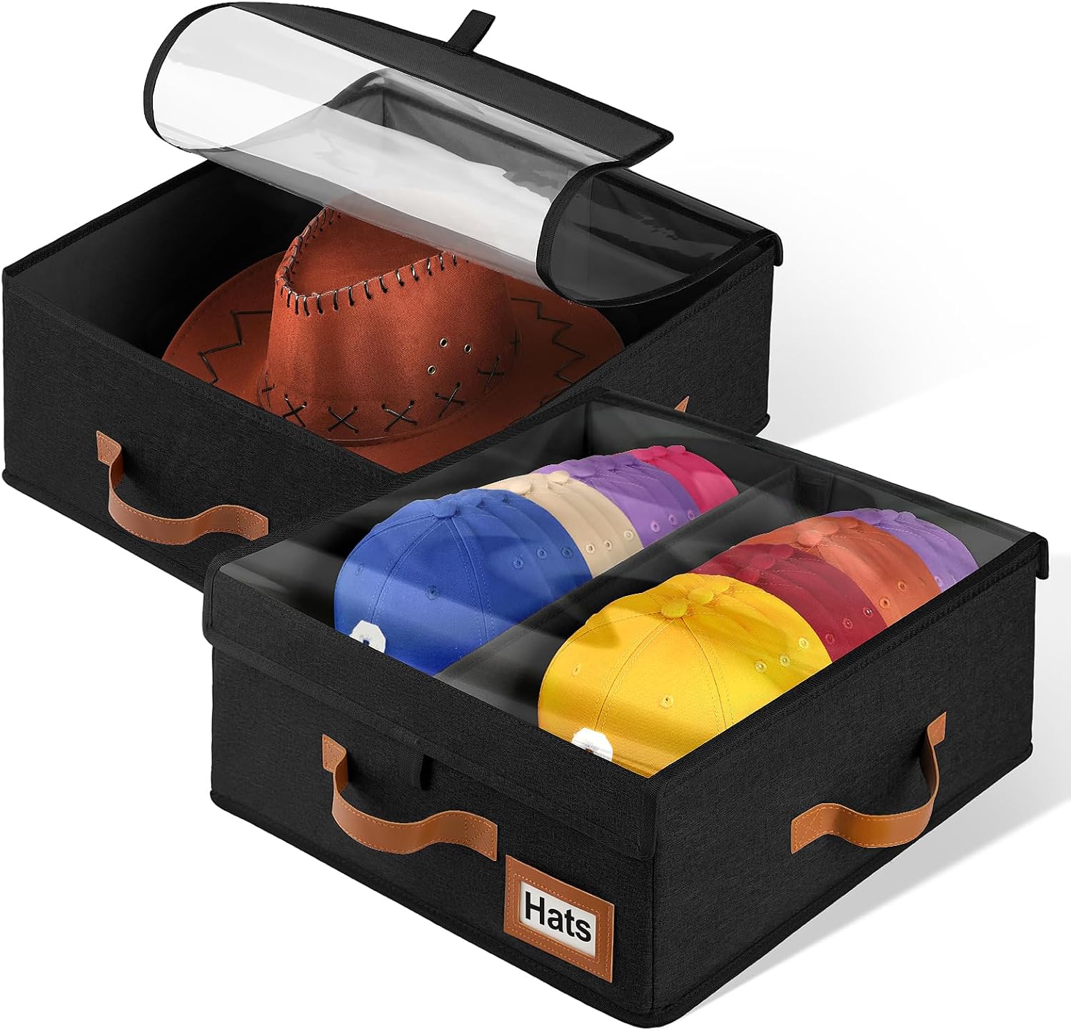 Dofilachy Stackable Hat Storage for Baseball Caps, Hat Organizer for Closet with Clear Window Lid, Foldable Dustproof Hats Storage Box for Men & Women，Holds Up to 28-32 Caps(Black 2PC)