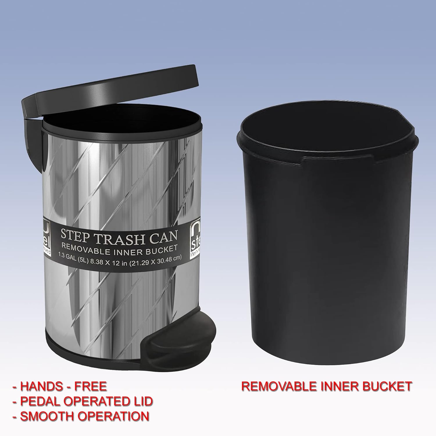 nu steel Polished & Knurled Stainless Steel Step Garbage Trash Can with Lid: 5 Liter/1.32 gal for The Kitchen, Bathroom, Bedroom, Patio, RV