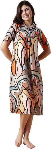 Highgarden Cotton Blend Knee Length Short Night Dress | Short Nighty for Women with Pocket |Everyday Dress | Night Gown fo...