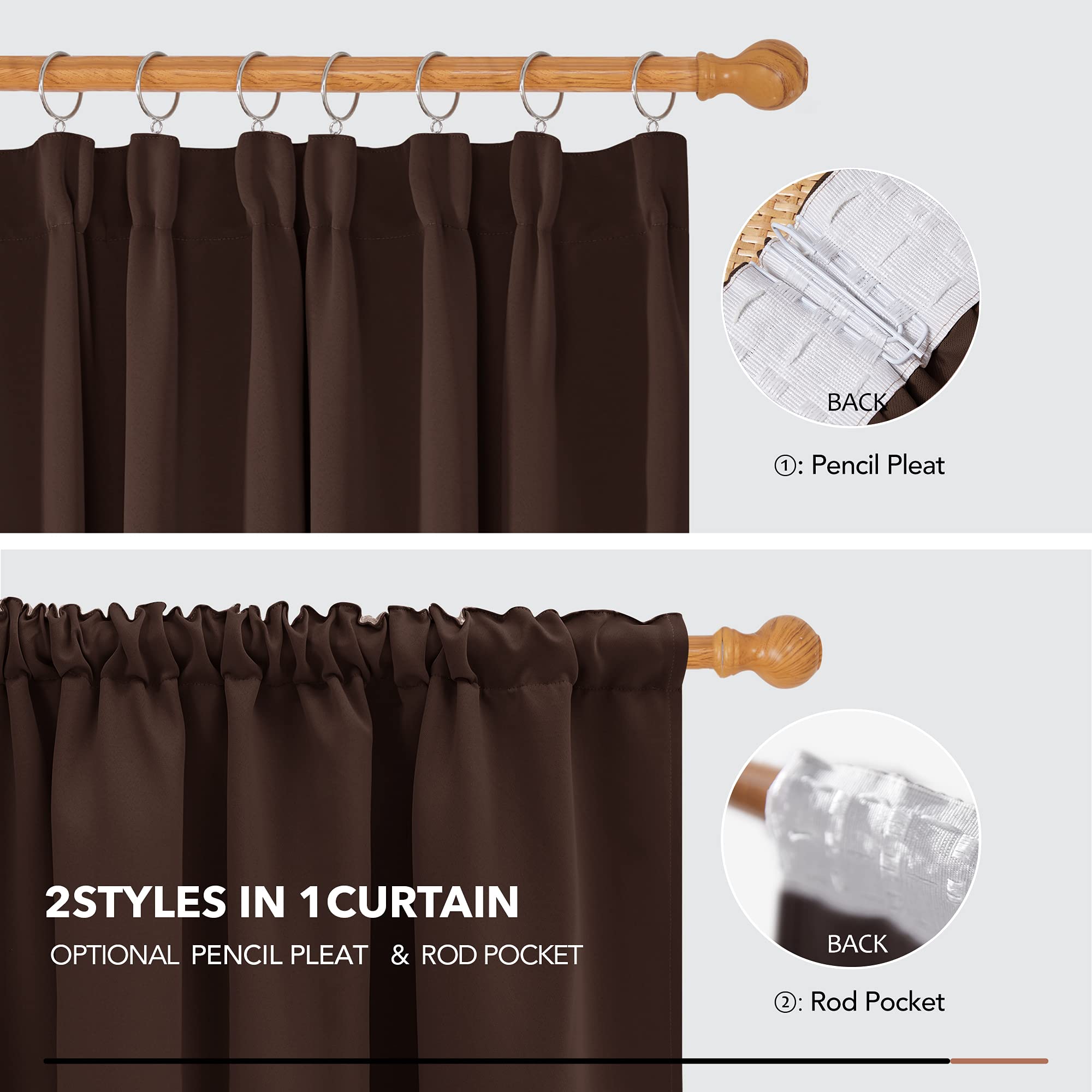Deconovo Set of 2 Thermal Blackout Curtains, Cold and Phonic, Window Curtain, Bedroom, Kitchen, Short Curtain, Living Room, Ruffle Tape, 140 x 245 cm, Chocolate - 5
