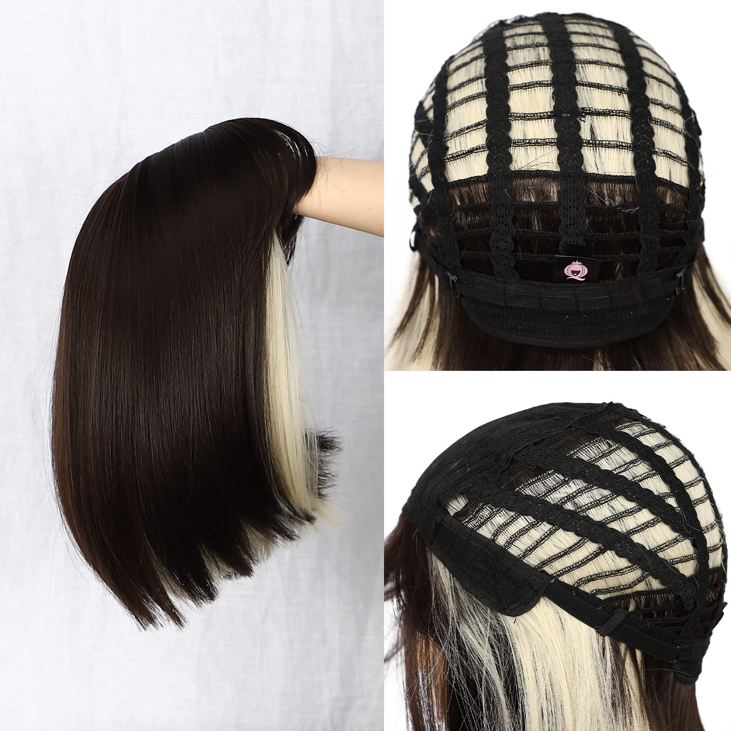 Bob Wig with Bangs Highlight Brown Synthetic Wig for Women 14 Inch image 4