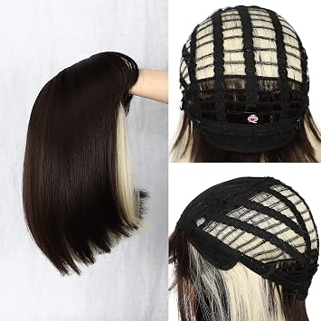 SAPPHIREWIGS Short Bob Wig with Bangs,Straight Bob Wigs for Women Brown Highlight Blonde Hair,Natural Looking Heat Resistant Synthetic Fiber for Girls 14inch