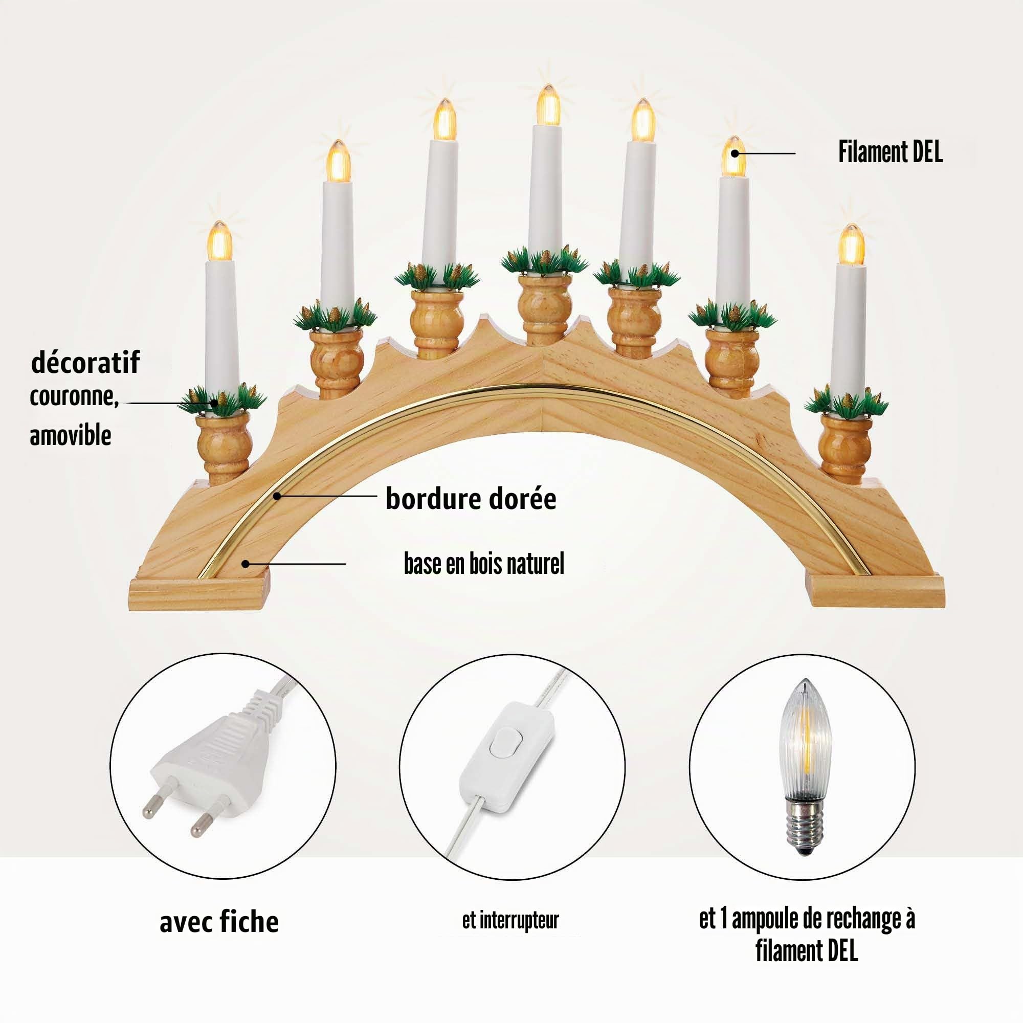 Hellum Arche lumineuse de Noël, éclairage de fenêtre de Noël intérieur, 43 x 27 cm, avec 7 bougies (+ de rechange) et barre dorée, arche lumineuse avec courant et interrupteur 151800
