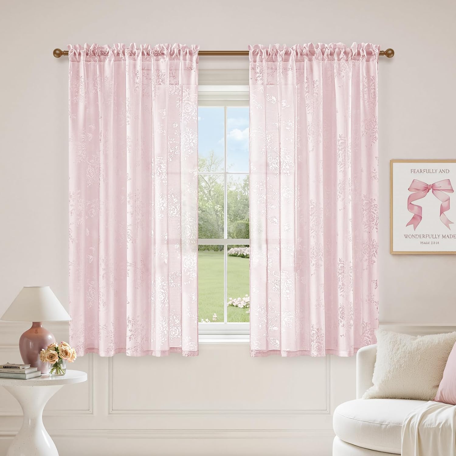 HOMEIDEAS Floral Pink Sheer Curtains, Cute Hollow Butterfly Pattern Light Filtering Semi Sheer Curtains for Living Room, Dinning Room, Bedroom Preppy Room Decor, 52" W x 63" L (Pack of 2)