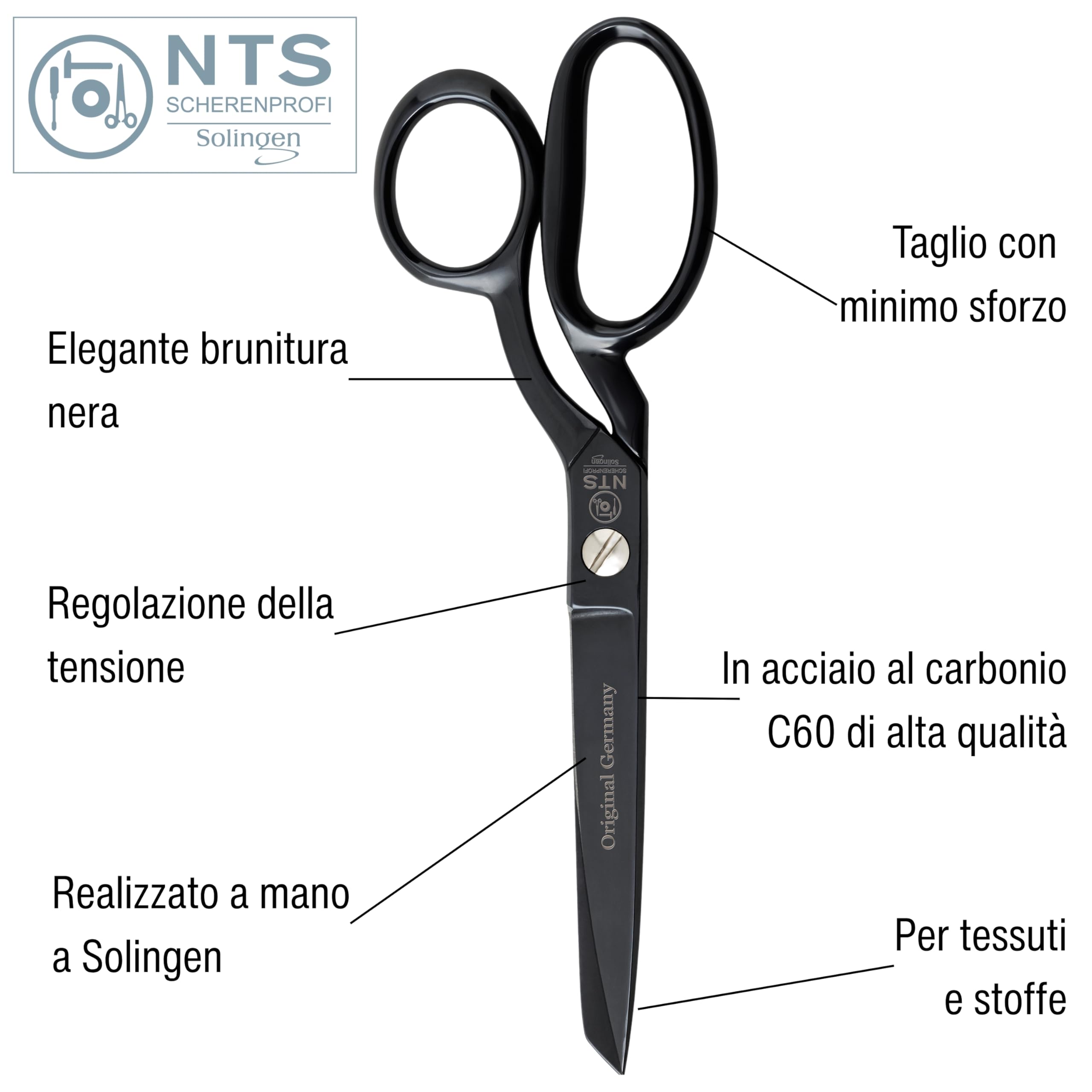 Black Edition | Forbici da sartoria | Forbici per tessuti | Forbici in acciaio al carbonio | Nero brunito | Super affilate | Prodotto a Solingen | 23 cm = 9,0"