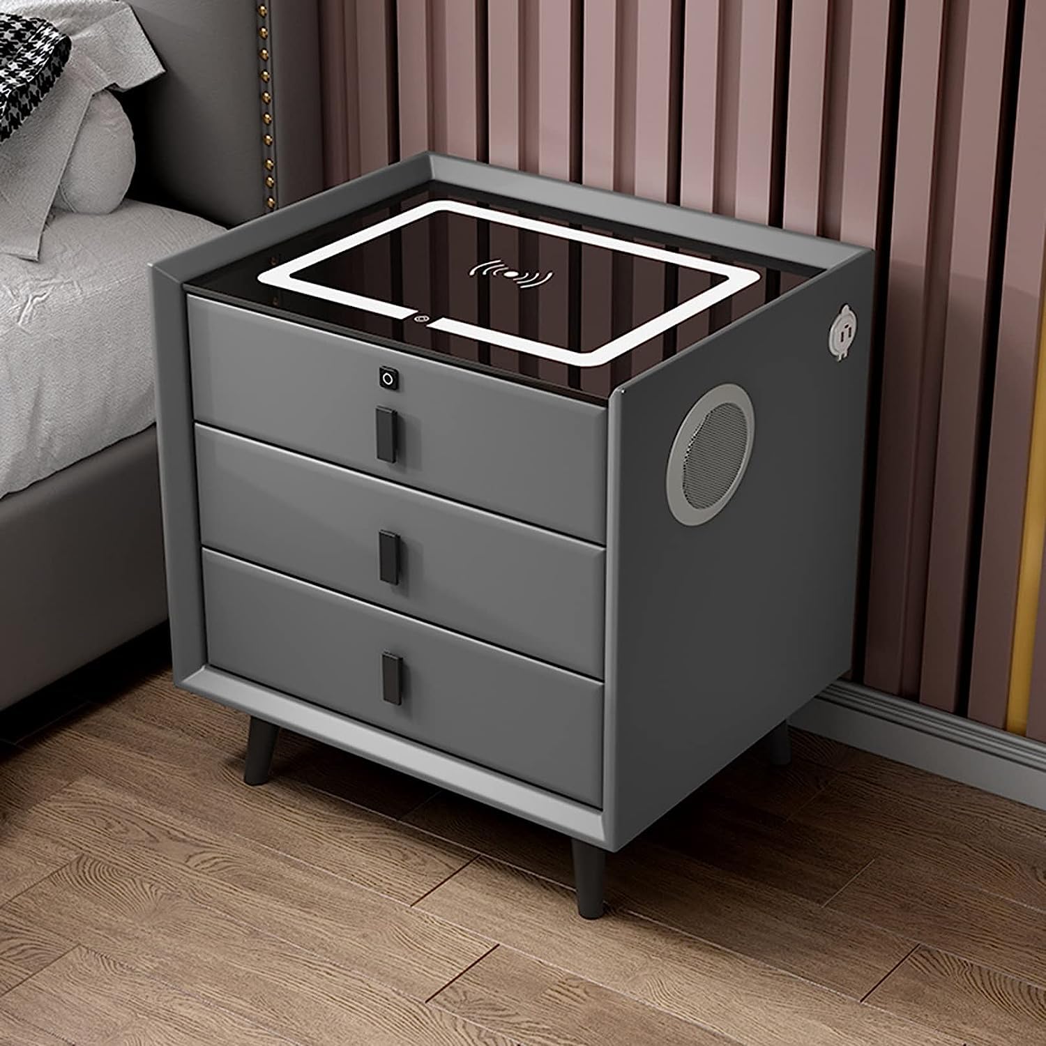 BHGFYXBS Smart Nightstand With Charging Station End Table With Drawers Bedside Table With 2 Usb Ports & Blue-Tooth Speaker Bedside Cupboard With Led Lights Dresser,Grey-2 Drawers,Gray-3 Drawers