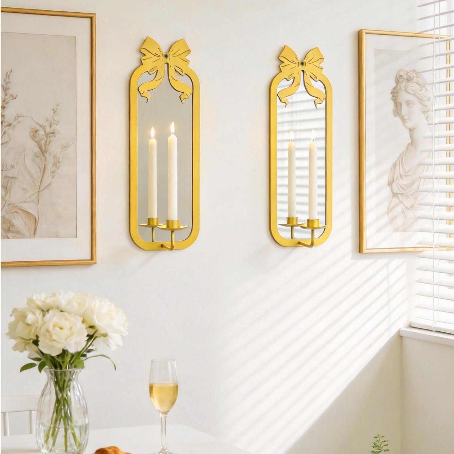 OYEFLY 2Pcs Gold Bow Wall Candle Sconces, Metal Mirror Candle Holder for Wall Decor, Vintage Bow Decor Wall Candle Holder for Pillar Candles, Farmhouse Decor for Living Room Bedroom Entryway
