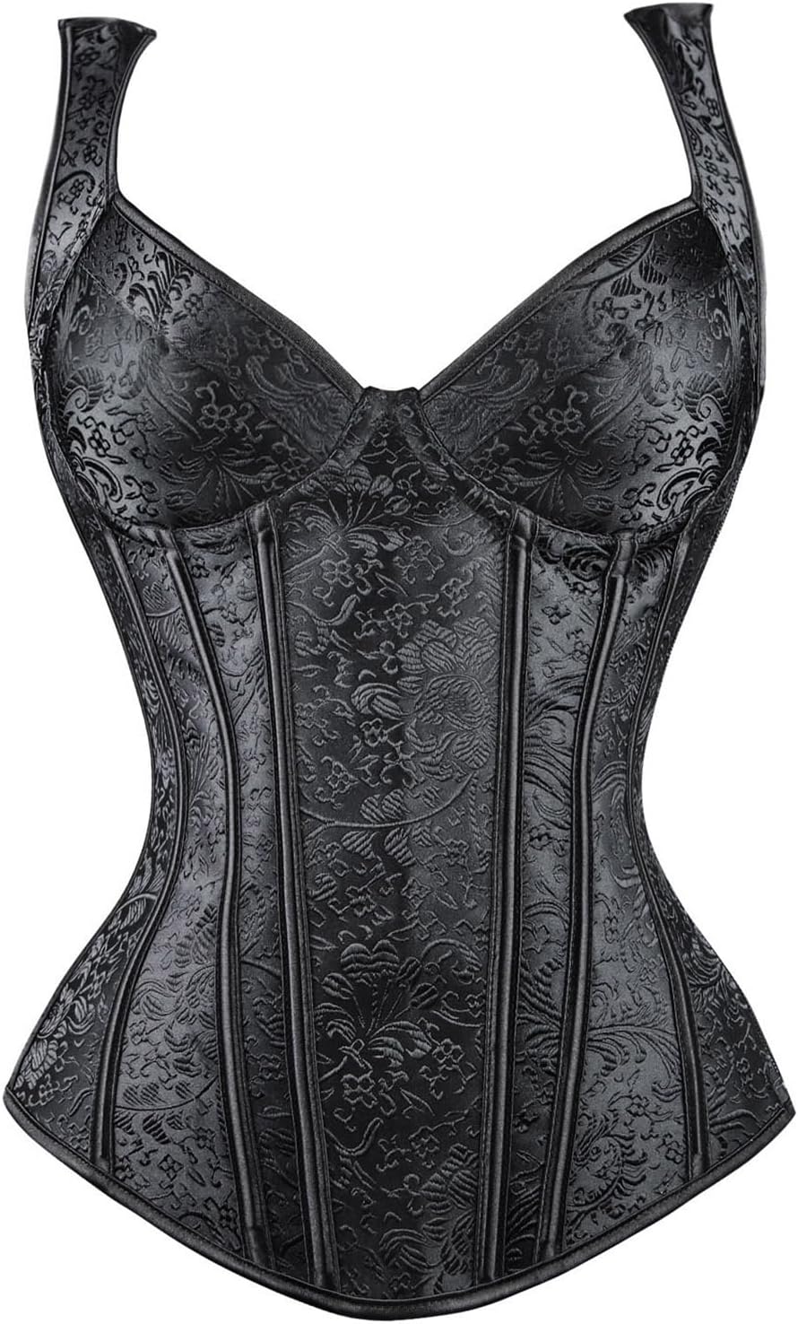 Women's Gothic Jacquard Shoulder Straps Tank Overbust Corset Bustiers