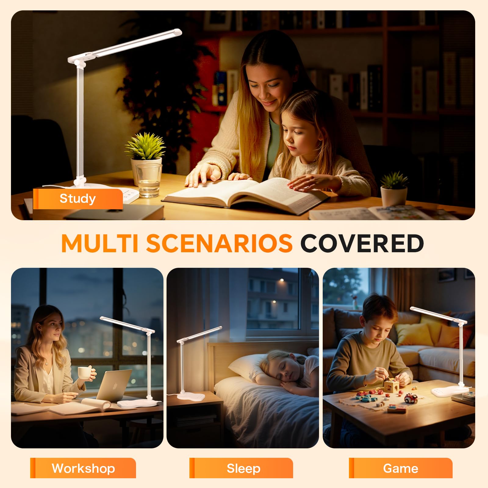 Lampe de Bureau LED, Dimmable Lampe de Chevet, 5 Modes de Couleur 10 Niveaux de Luminosité, Avec Fonction Minuterie, Contrôle Tactile, Port USB-C, Lampe de Lecture Protection des Yeux - Blanc