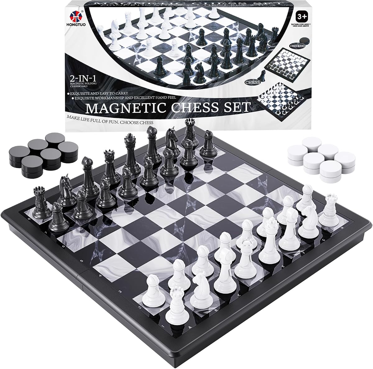 Juego de ajedrez 2 en 1 y juego de damas magnéticas, tablero de ajedrez de 13 pulgadas | Juego de mesa de viaje plegable, plástico duradero, rompecabezas y juguetes de estrategia para niños y adultos