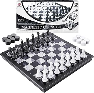 2-in-1 Chess Set and Magnetic Checkers Set - Foldable 13-inch Travel Board Game, Durable Plastic, Puzzle and Strategy Toys for Kids and Adults