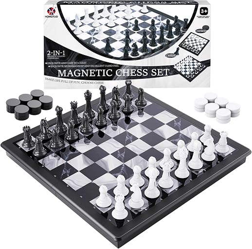 HONGTUO 2-in-1 Chess Set and Magnetic Checkers Set, 13-inch Chess Board | Foldable Travel Board Game, Durable Plastic, Puzzle and Strategy Toys for Kids and Adults