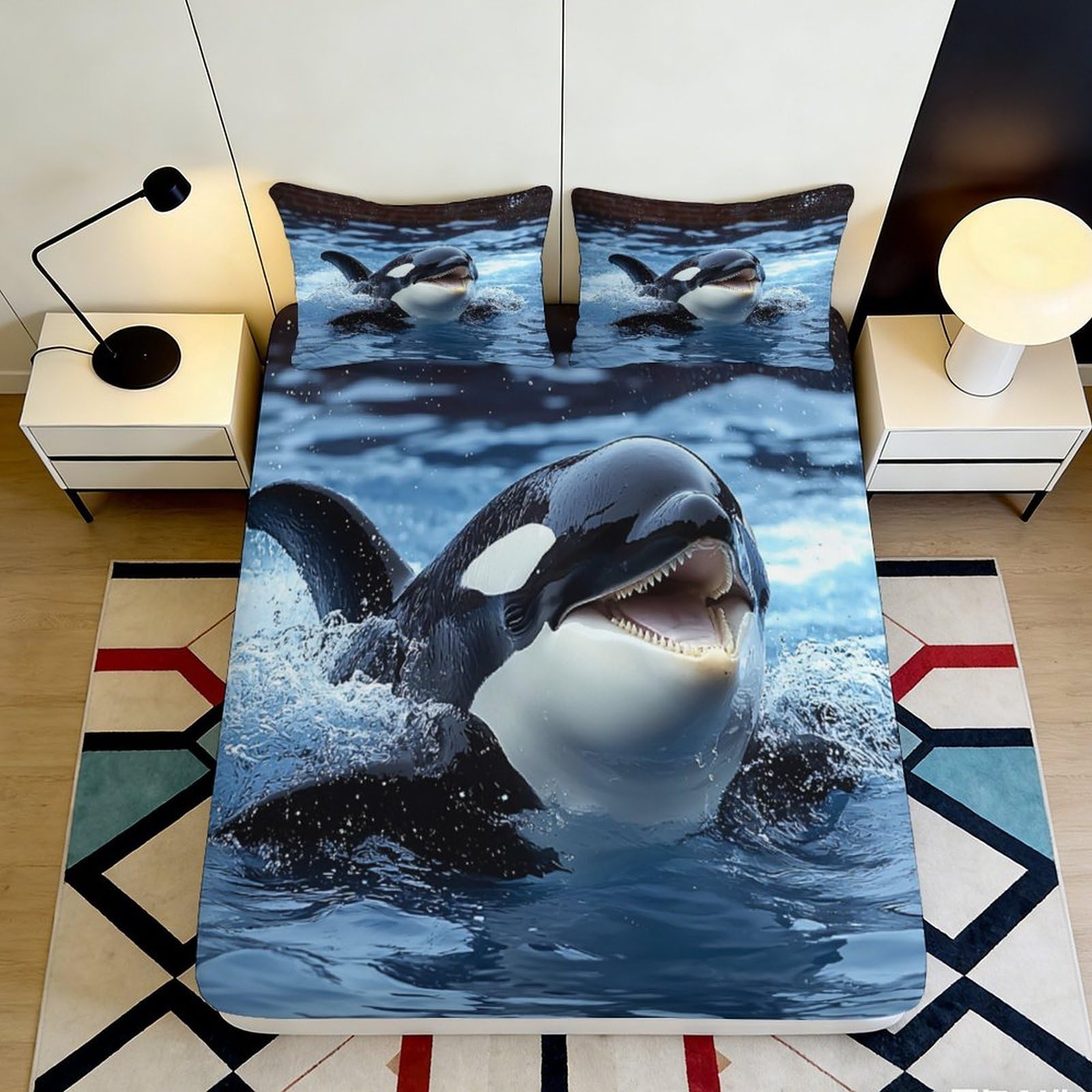 3D Printed Ocean Orca Fitted Sheet Microfiber Soft Waterproof Whale Mattress Cover for Bedroom Guest Room Decor 90x200x25cm