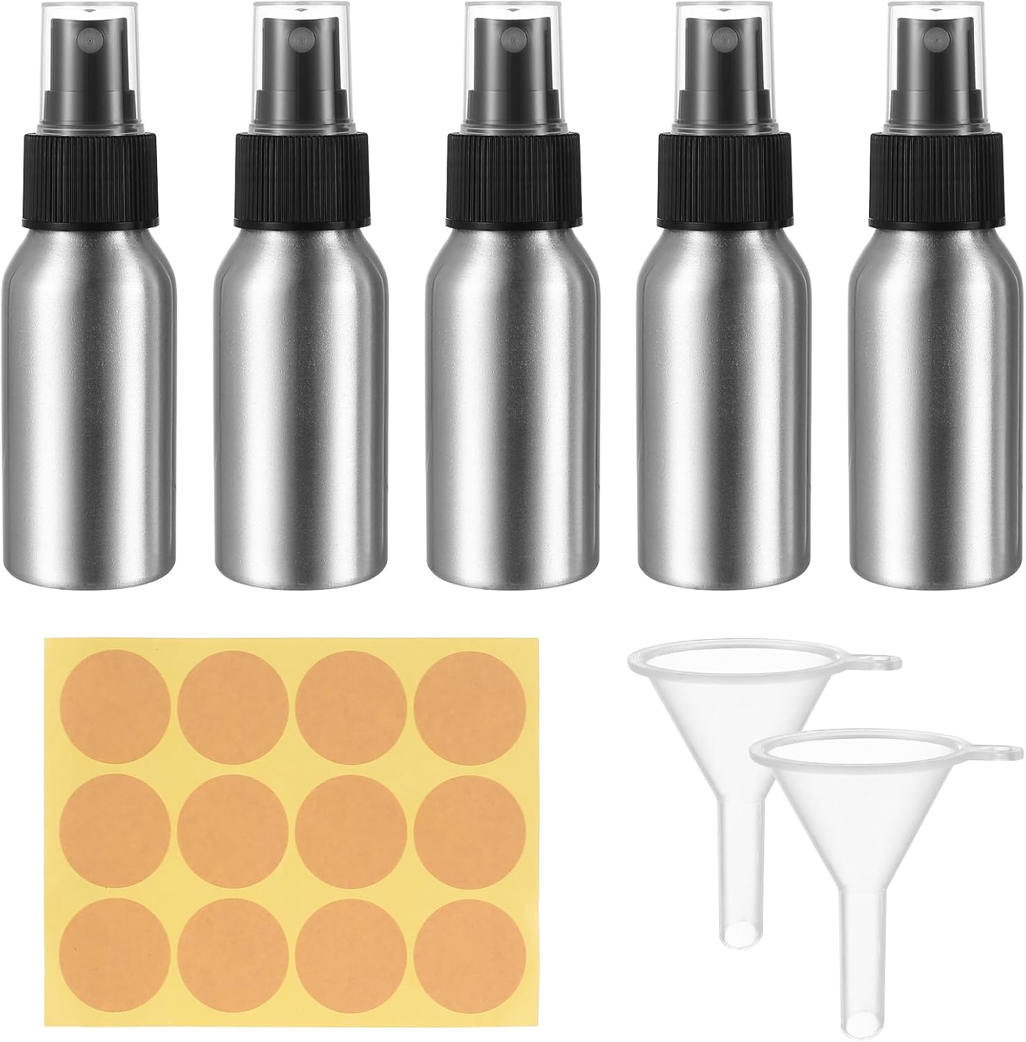 5 Pcs Aluminium Spray Bottle, 50 ml Empty Spray Bottles, Travel Mist Spray Bottles, Refillable SSpray Bottles for Essential Oil Liquid Cosmetics, with 2 Funnels, 1 Adhesive