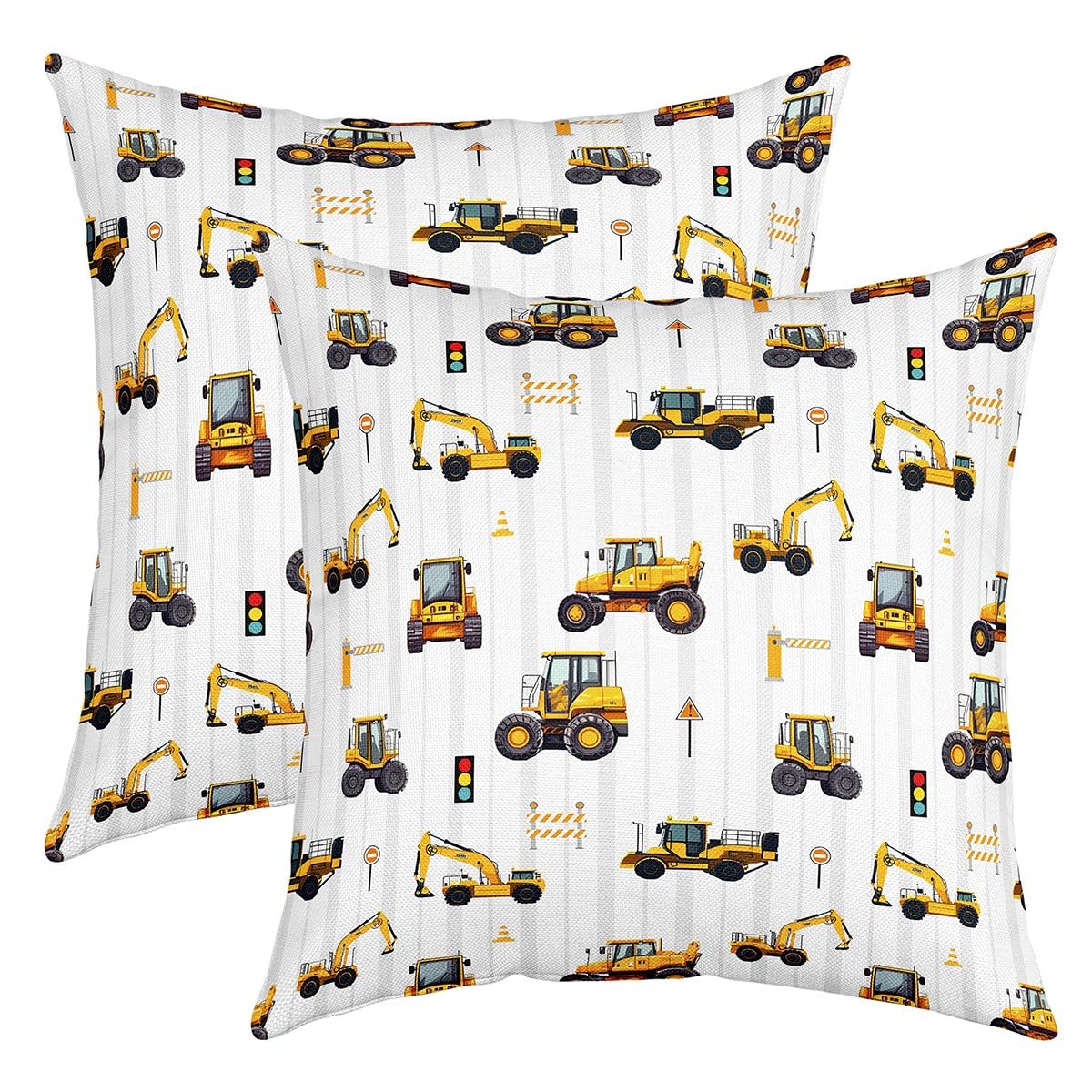 Kids Cartoon Trucks Pillow Covers 20x20 Inch Set of 2 Cute Yellow Tractor Excavator Decor Cushion Covers for Boys Teens Adults Traffic Lights City Construction Vehicle Cushion Cases for Living Room