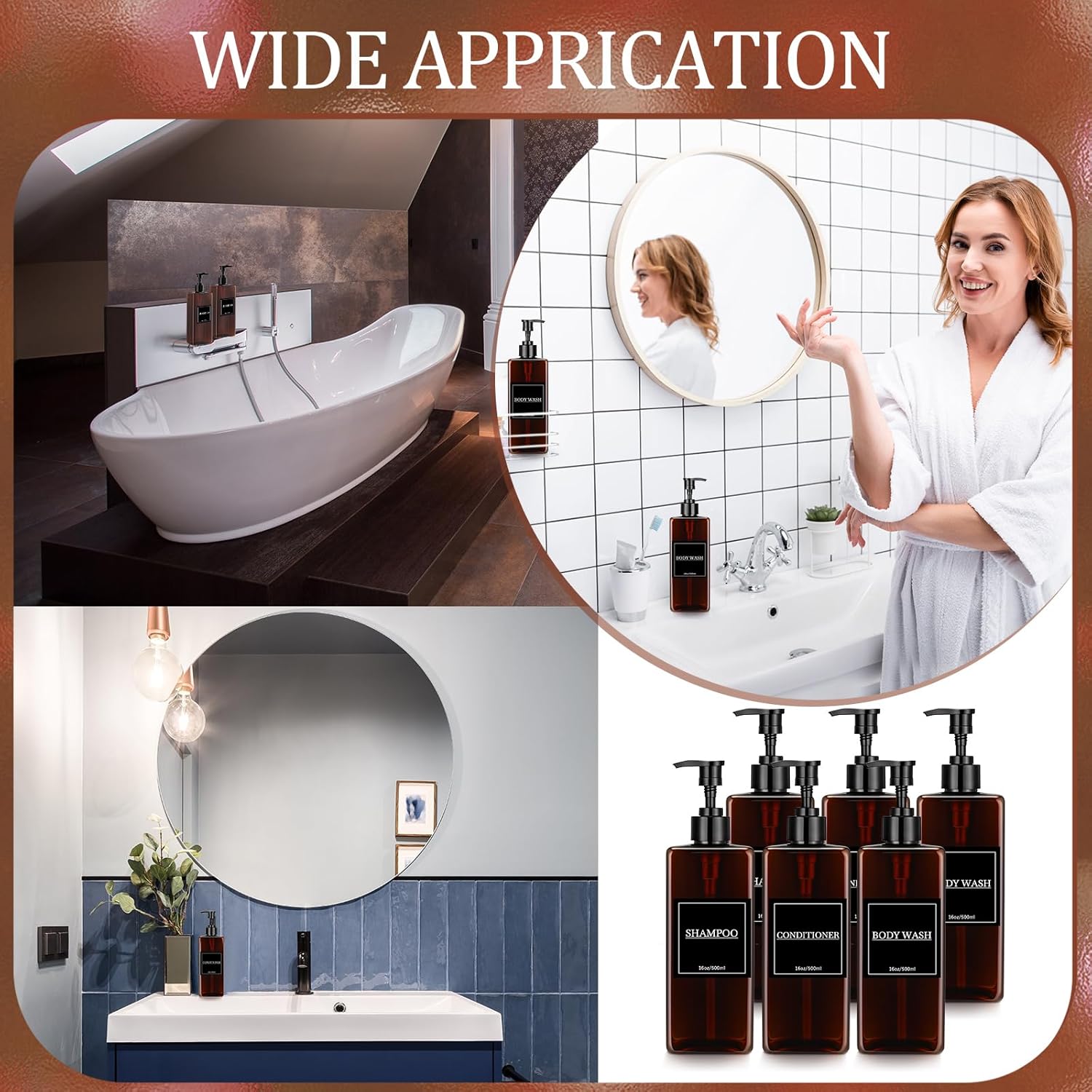 Tanlade 6 Pcs Shampoo and Conditioner Dispenser Bottles 16oz Modern Shower Soap Bottles with Pump, Labels and Marker Pen Easy to Refill Body Wash Dispensers for Home Bathroom Decoration(Brown) - Image 6