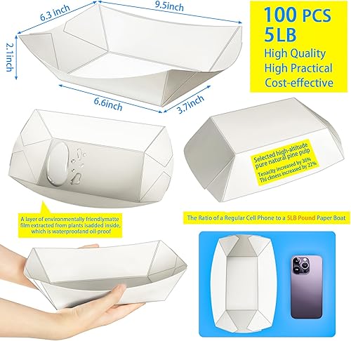 Miniatura 16 de MotBach Paquete de 100 bandejas de papel extra grandes de 5 libras, botes de papel desechables, bandeja de papel kraft resistente para servir