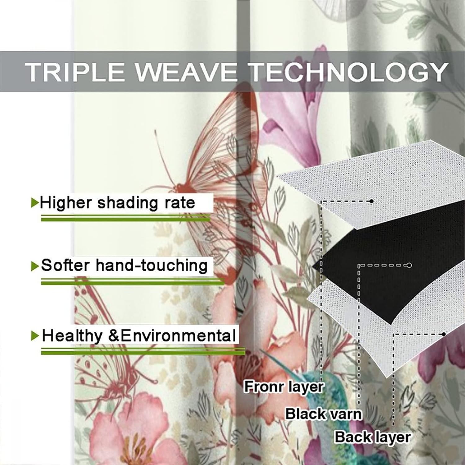 Rustic Hummingbirds Watercolor Floral Bird Spring Green Leaf Rod Pocket Blackout Curtains - Window Curtain Set Energy Saving Thermal Insulated Drapes for Living Room 2 Panels 45L x 21W