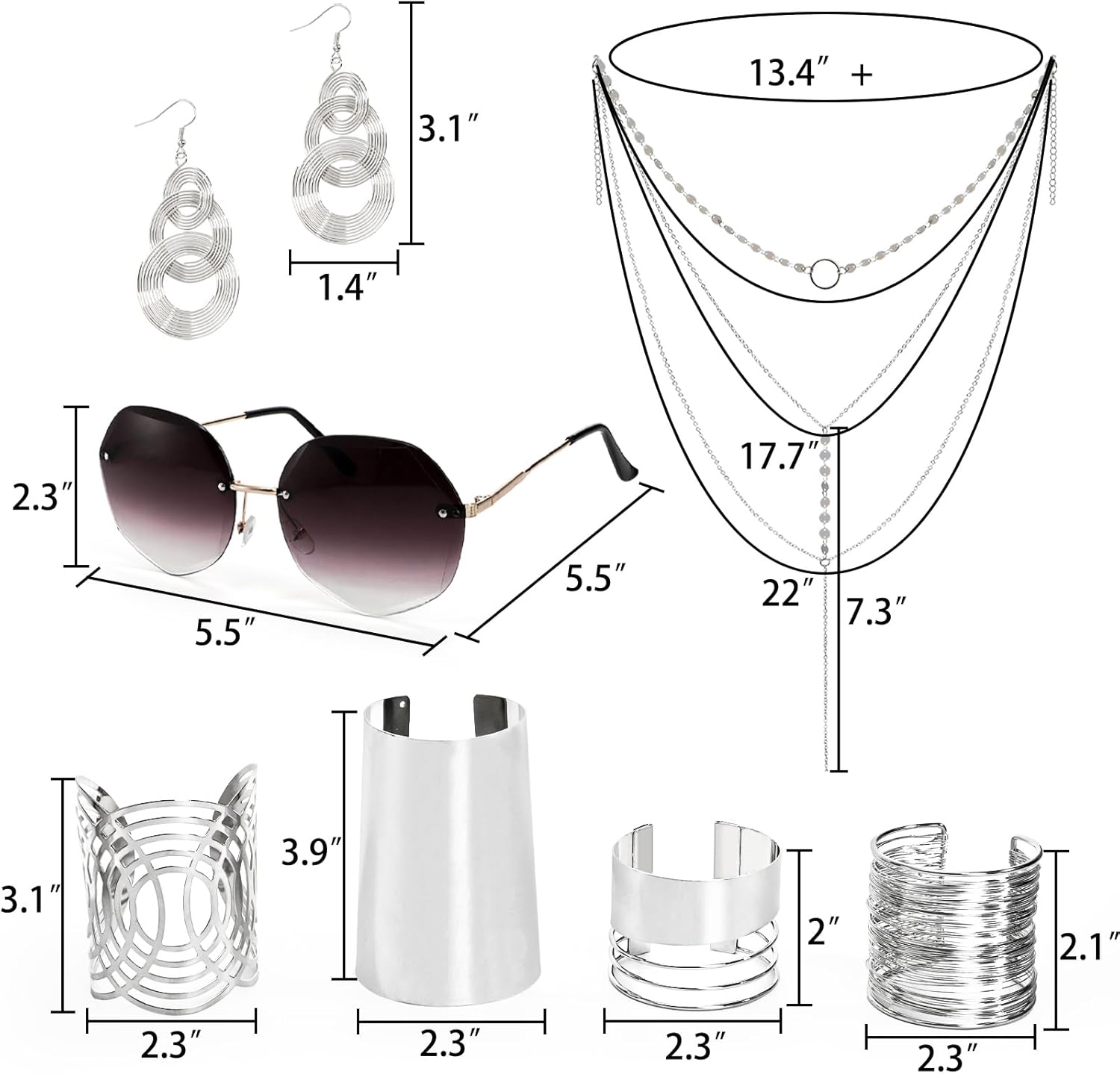 Suwimut 7 Pieces 70s Disco Accessories for Women, 70s Disco Costume Accessory with Silver Triple Swirl Earrings Diamond Sunglasses Bangle Bracelets Layered Choker Necklace for Party Halloween Cosplay - Image 2