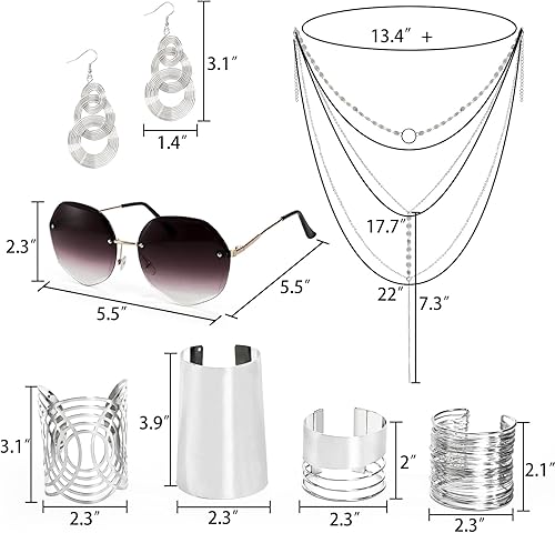 Miniatura 2 de Suwimut 7 piezas de accesorios de discoteca de los años 70 para mujer, accesorio de disfraz de discoteca de los años 70 con aretes plateados de