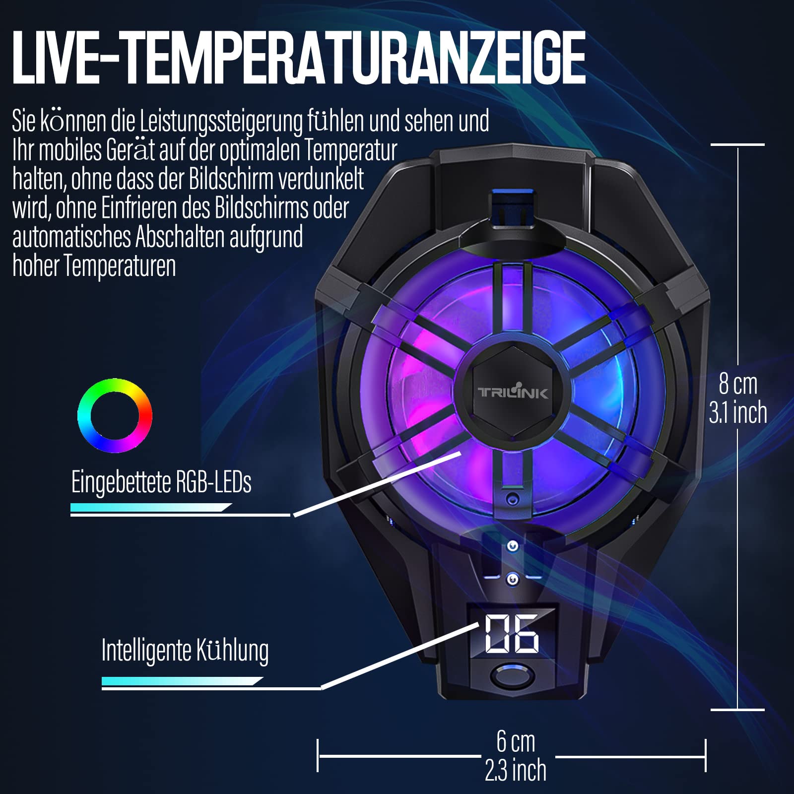 TRILINK Handy-Kühler mit wiederaufladbarem Akku, Handy-Kühlventilator für Spiele, für alle Arten von iPhone und Android Smartphones, Phone Cooler mit LED-Temperaturanzeige/Universalklemme/RGB-LEDs