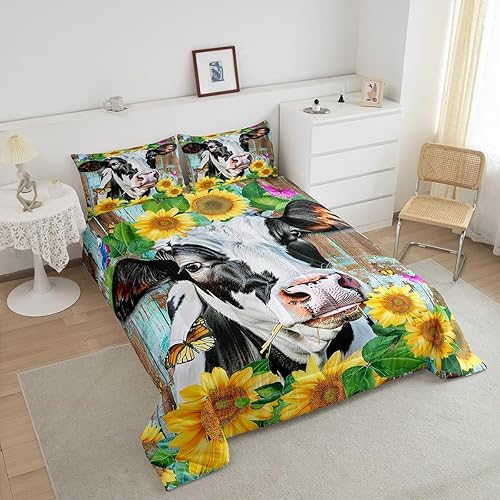 Miniatura 2 de Erosebridal Juego de edredón de vaca, tamaño matrimonial, juego de ropa de cama de girasol y mariposa para niños, niñas y adolescentes, juegos de