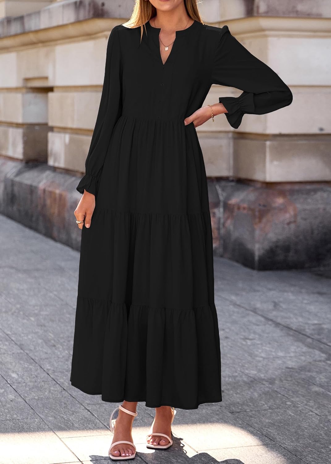 Lazysmile Dresses for Women 2025 Fall Long Sleeve V Neck Button Down A-Line Flowy Casual Boho Maxi Dress with Pockets - Image 3