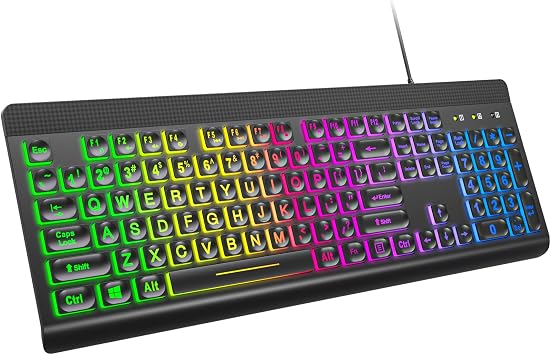MOWUX Computer Keyboard Wired, Plug and Play USB Retro Round Typewriter Keyboard, Full Size Wired Keyboard with Foldable Stands for Laptop and Office PC- LED Backlit Black