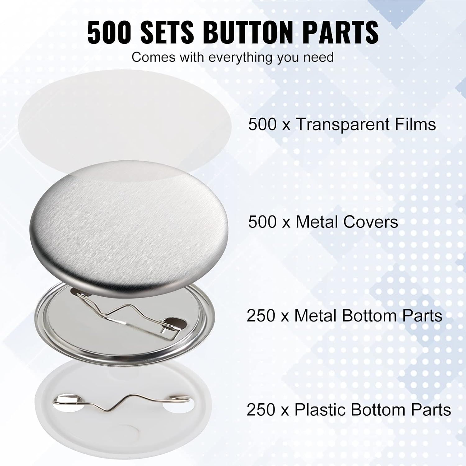 VEVOR 500 Sets 1.25 inch 32mm Pin Back Button Parts for Button Maker Machine, DIY Round Button Badge Parts, Set Includes Metal Top, Plastic/Metal Button, Clear Film, and Blank Paper For Gifts Presents