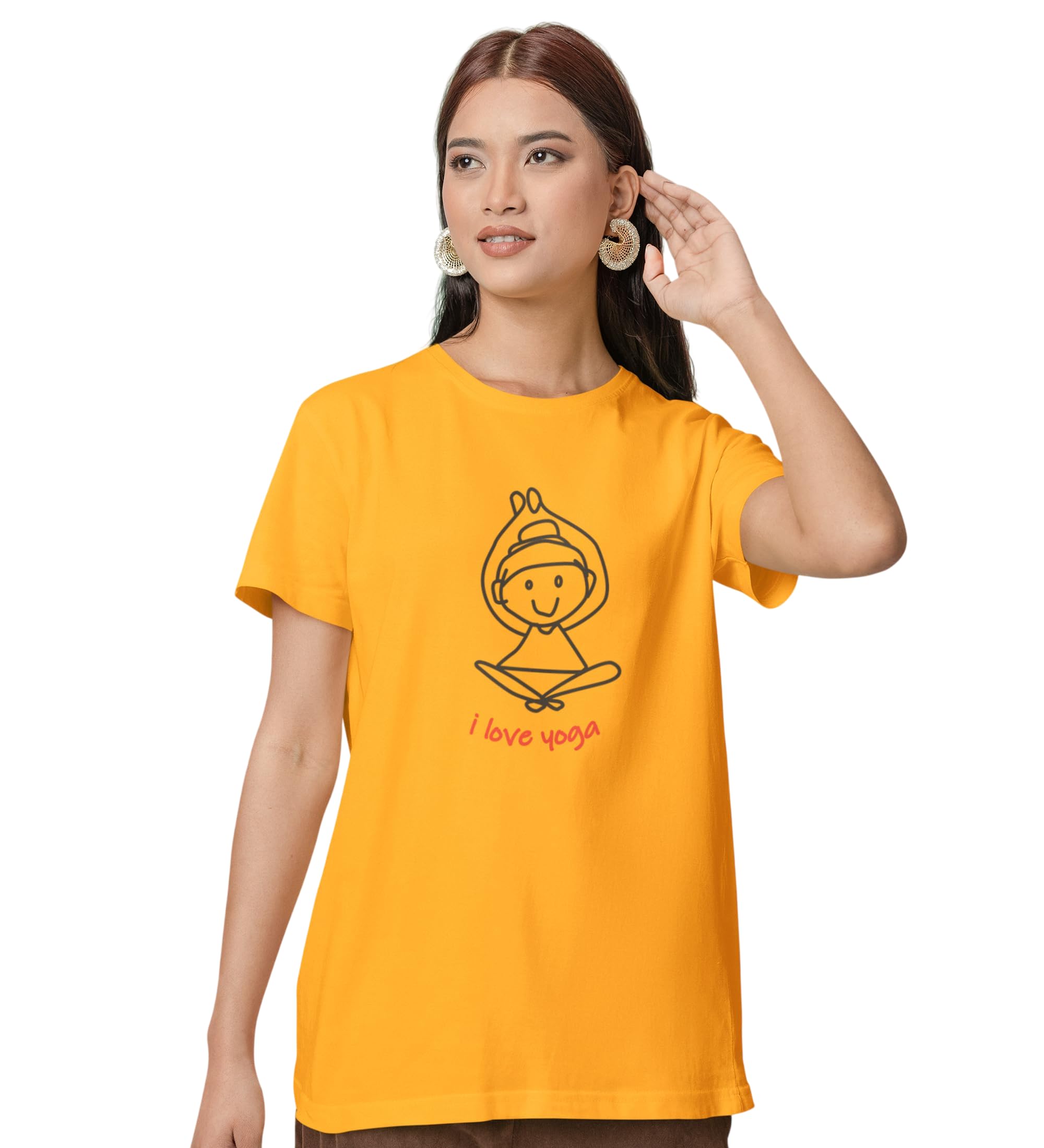 Love for Yoga : Printed Round Neck Cotton Yellow T-Shirt for Womens-image-0