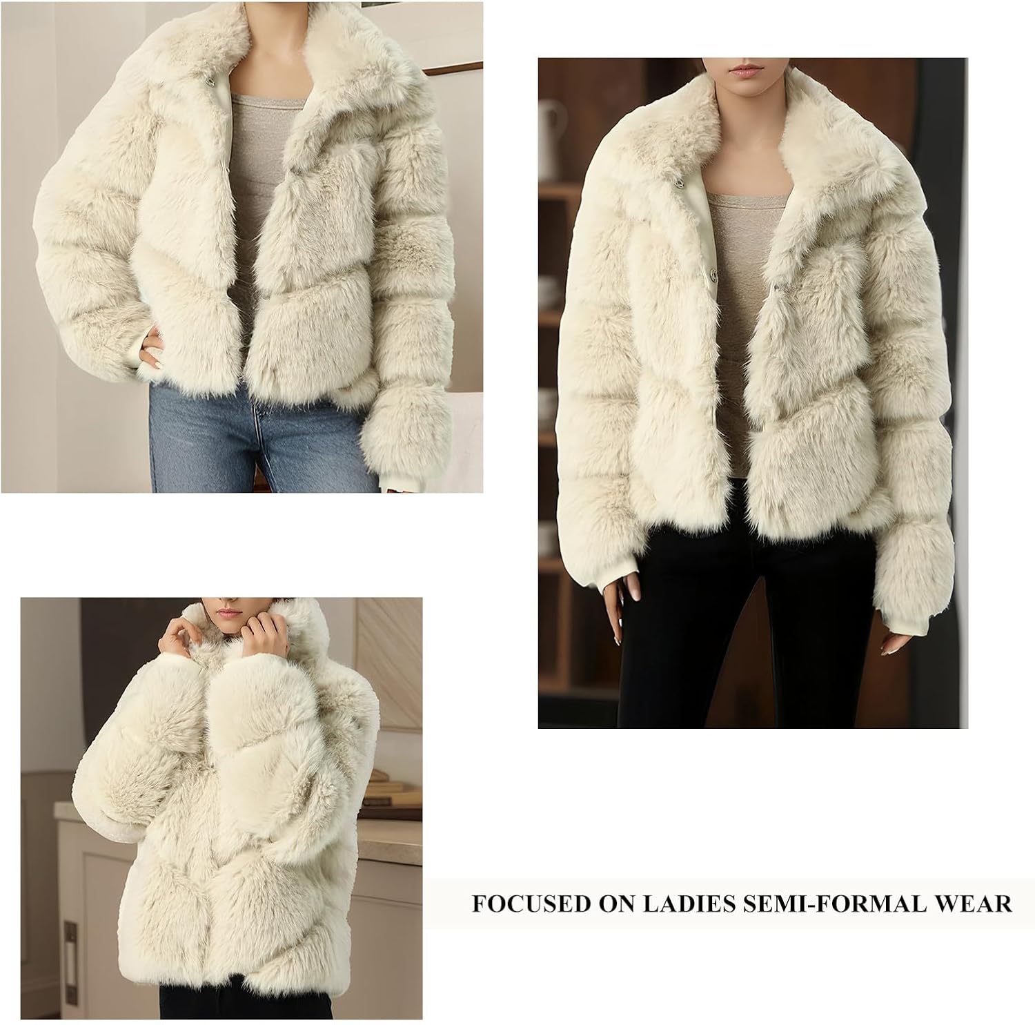 Women's Trendy Cropped Faux Fur Coat Fluffy Open Front Jacket Cardigan Collar with Pockets - Image 5