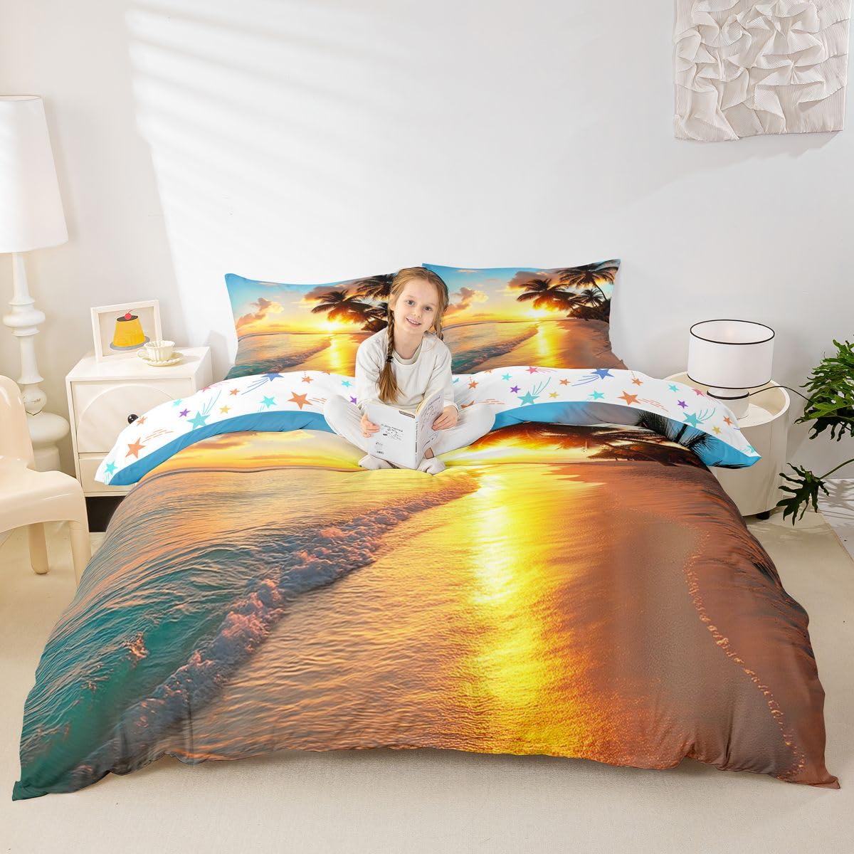 Coastal Seaside Beach Kids Duvet Cover Set Twin Size,Coconut Tree Palm Leaf Tropical Hawaii Girls Boys Bedding Set,Sunset Sky Ocean Wave Summer Decor,Sea Blue Quilt Cover,1 Pillowcase(No Comforter)