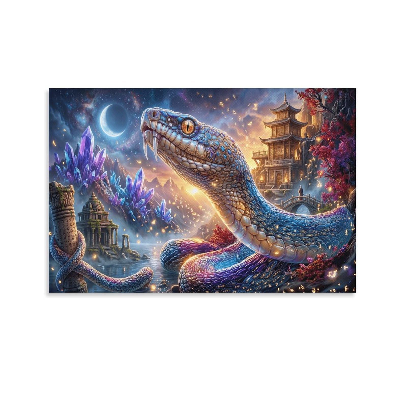 XPASHIQWC Serpent Poster Artwork Moon Ancient Temple Canvas Prints Picture Modern Wall Art Picture Wall Hanging for Bathroom Wall Decor 08x12inch(20x30cm)