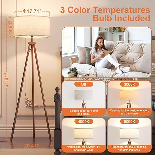Miniatura 3 de LiteHistory Lámparas de pie con trípode de madera para sala de estar, dormitorio y oficina, lámpara de pie con pantalla de lino beige, bombilla de