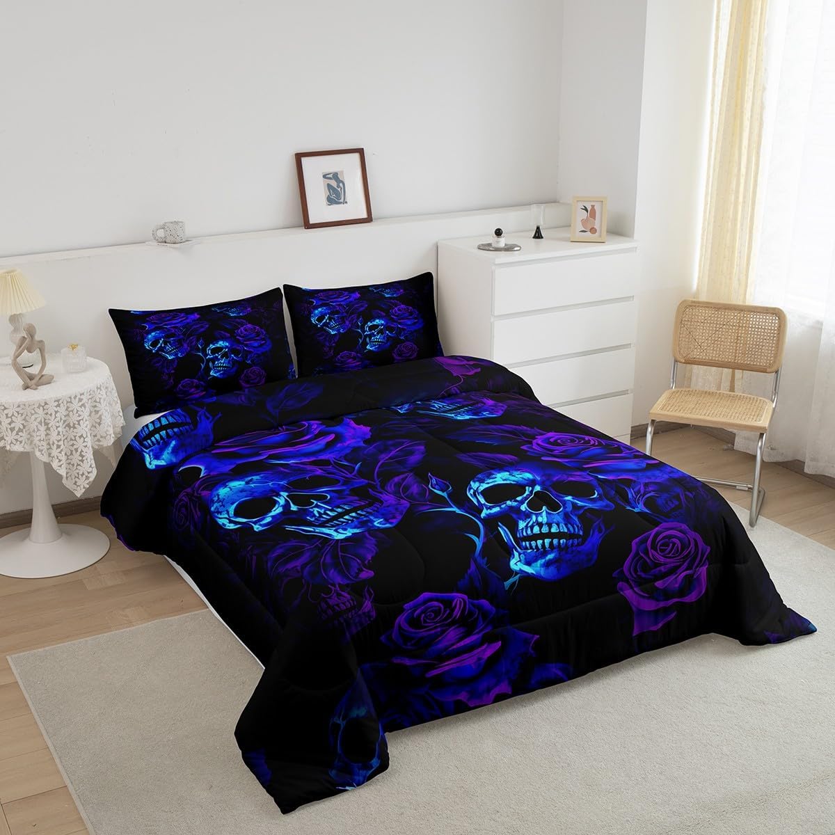 Feelyou Sugar Skull Comforter Set Queen Size Purple Blue Rose for Kids Boys Girls Teens Toddler Bedding Set Gothic Skull Duvet Set Scary Quilt Set 3Pcs