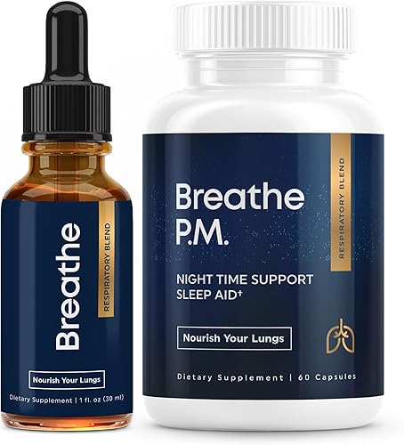 Paquete Breathe & Breathe PM  60 cápsulas y 1 onza líquida Gotas de gordolobo para pulmones y vías respiratorias extracto de hoja de menta, tomillo
