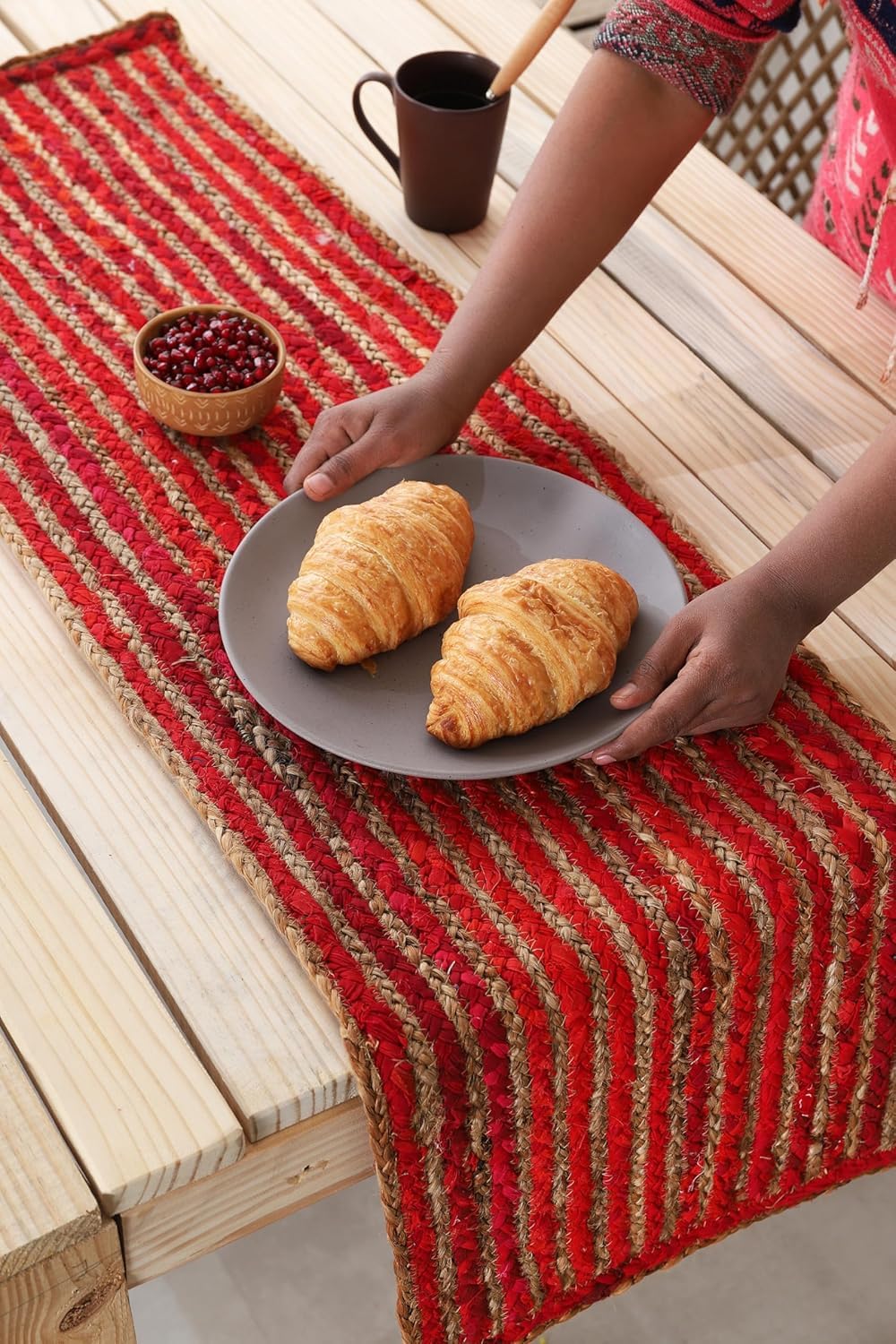 DANGAYACH ART ( Pack of 2 ) Beige & Red Jute Table Runner Rug – 13 x 120 Inches – Indian Handwoven Dining Table Décor, Kitchen, Coffee Table – Bohemian Farmhouse Decor