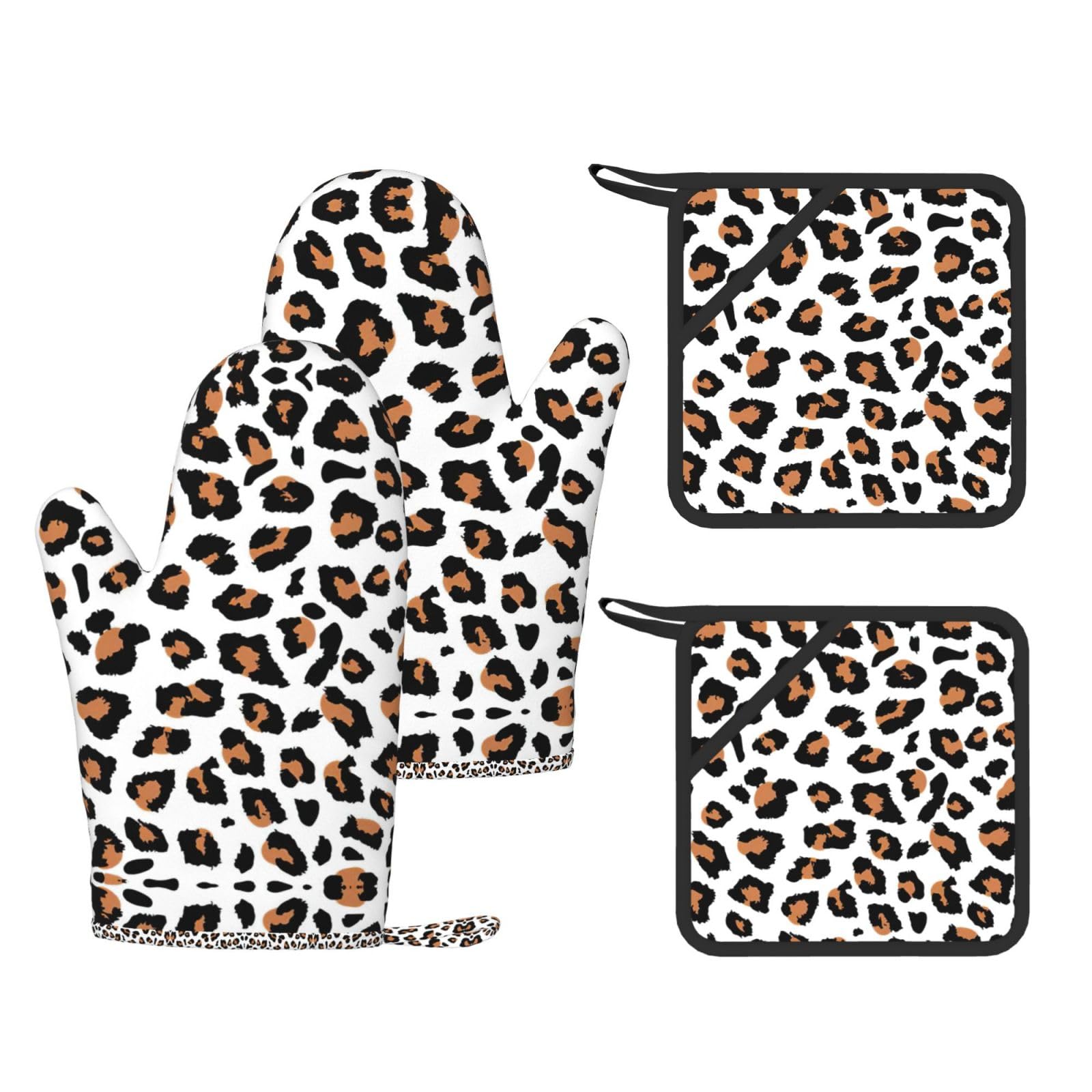 Leopard Printed Cooking Mitts and Pot Holders 4 Pcs, Heat Resistant Oven Gloves with Hanging Loop Chef