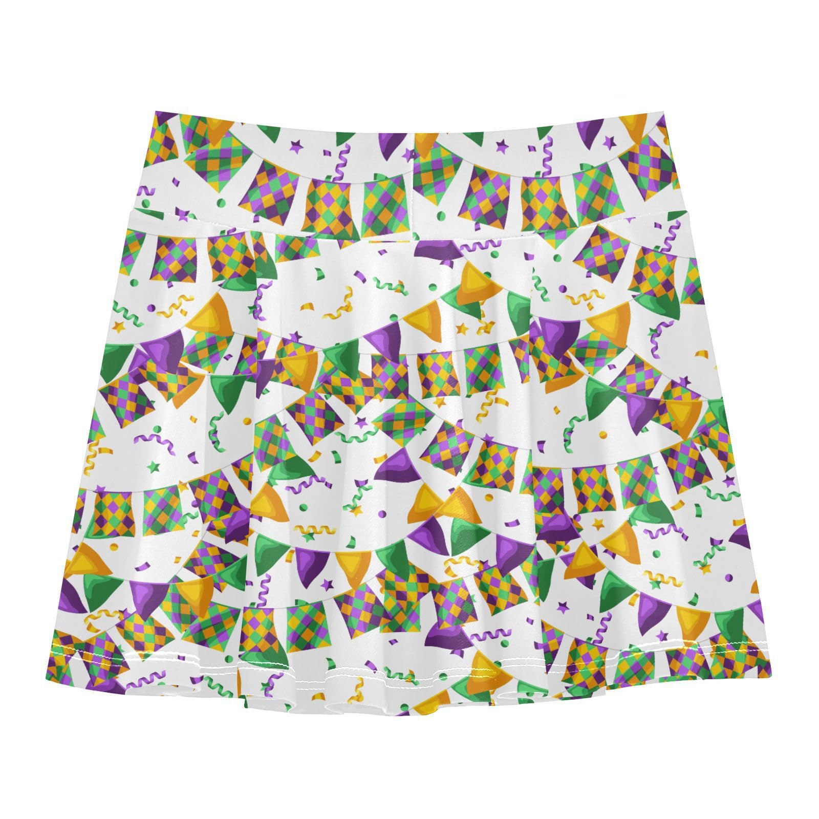 Aflyko Girls Pleated Skater Skirt Masquerade Party Bunting High Waist Cheerleading Dress Dance Skort with Lining Shorts Weekend Date Outfit Short Bottoms, 9-10T Multicoloured