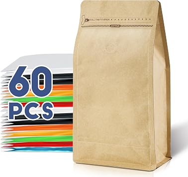Coffee Bags with Valve60pcs,4 oz,0.25 lb Vented Coffee Beans Packaging Bags High Barrier Aluminumed Foil Flat Bottom Heat Sealed Side Zipper Resealable Storage Bag for Home or BusinessKraft Paper