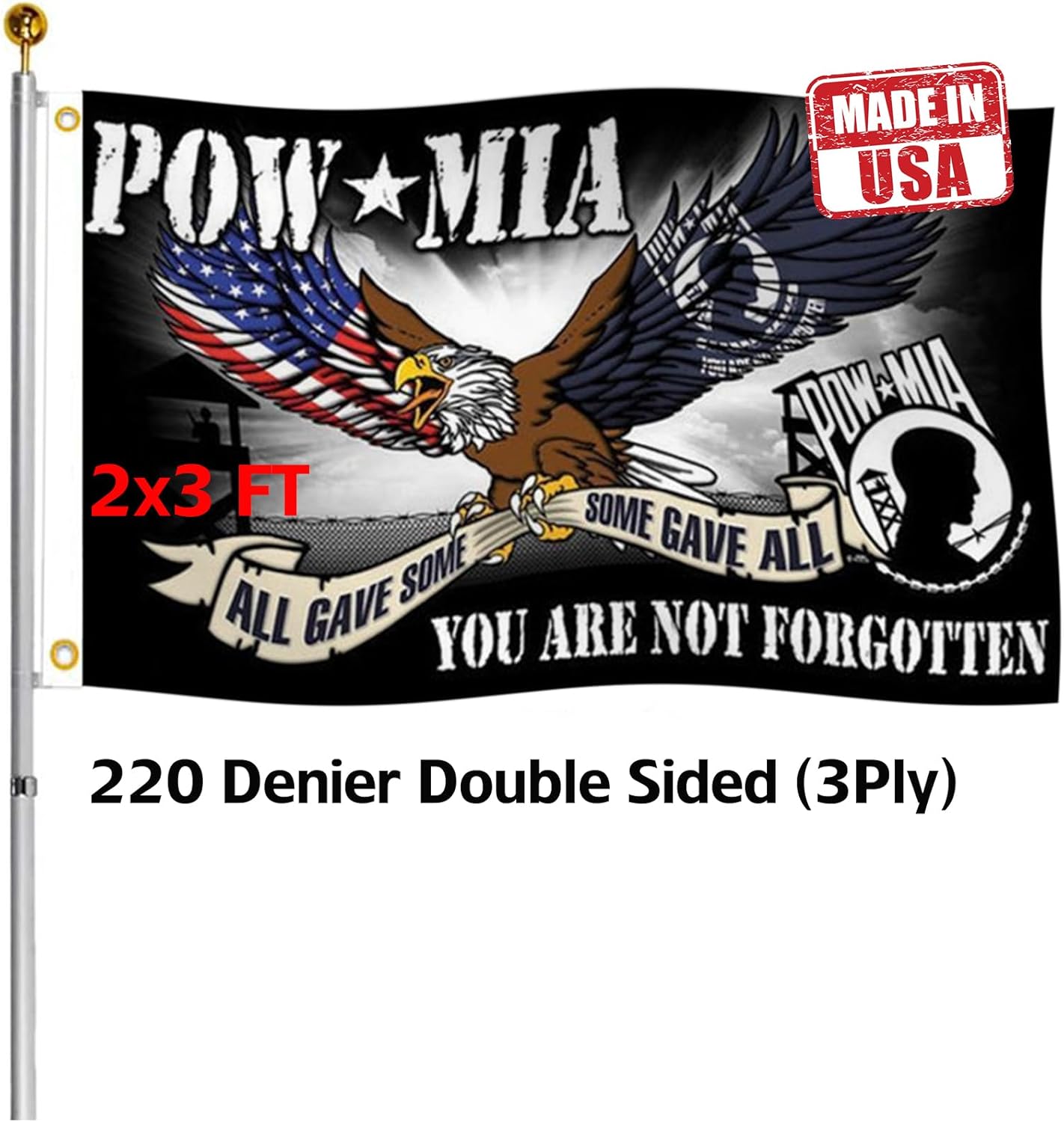 Double Sided Pow Mia Flag 4x6 Outdoor- UV Fade Resistant 3Ply Black Pow Flag Banner with 2 Brass Grommet-Memorial Veterans,Armed Forces,Military Prisoner Flag