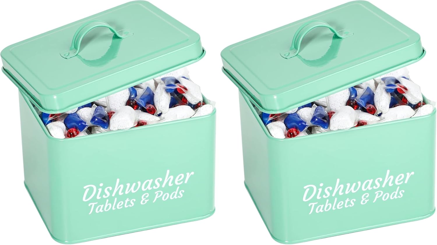 Webake Laundry Pods Container, Dishwasher Pod Container Tablet Holder, Farmhouse Metal Dishwasher Pods Storage Container with Lid for Kitchen Laundry Room Organization and Storage (Pack of 2)