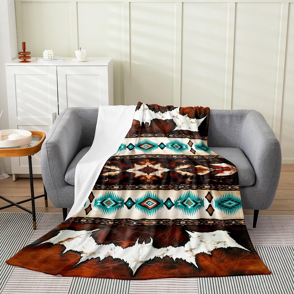 Coperta in flanella occidentale in peluche peloso di mucca retrò pelliccia coperta in pile Boho rustico rustico peluche leggero divano copriletto esotico geometrico matrimoniale 152 x 200 cm