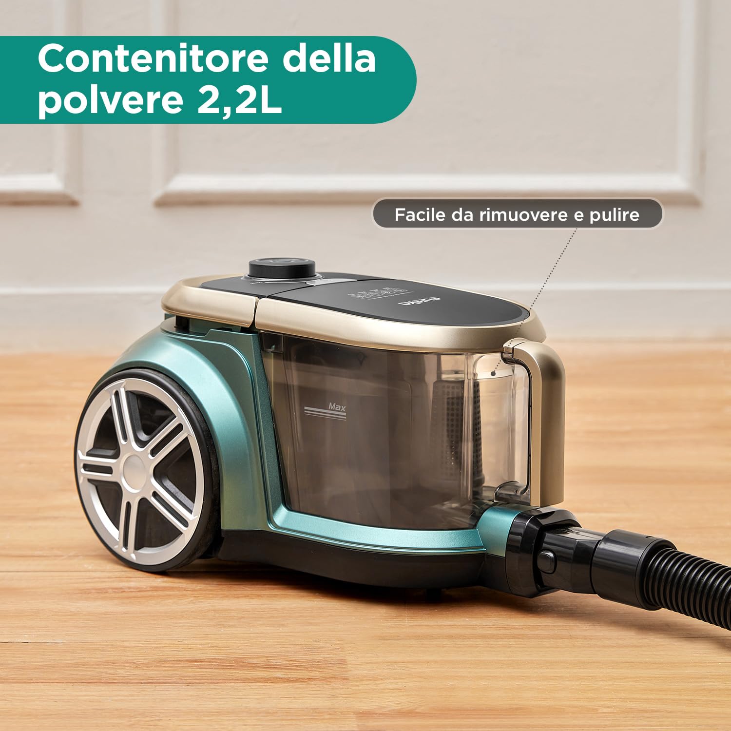 Eureka Apollo Aspirapolvere Senza Sacco, Potenza 800W, Capacità 2,2L, Compatto e Leggero, Sistema Ciclonico Singolo, Ottimo per Tappeti e Pavimenti Duri, Verde