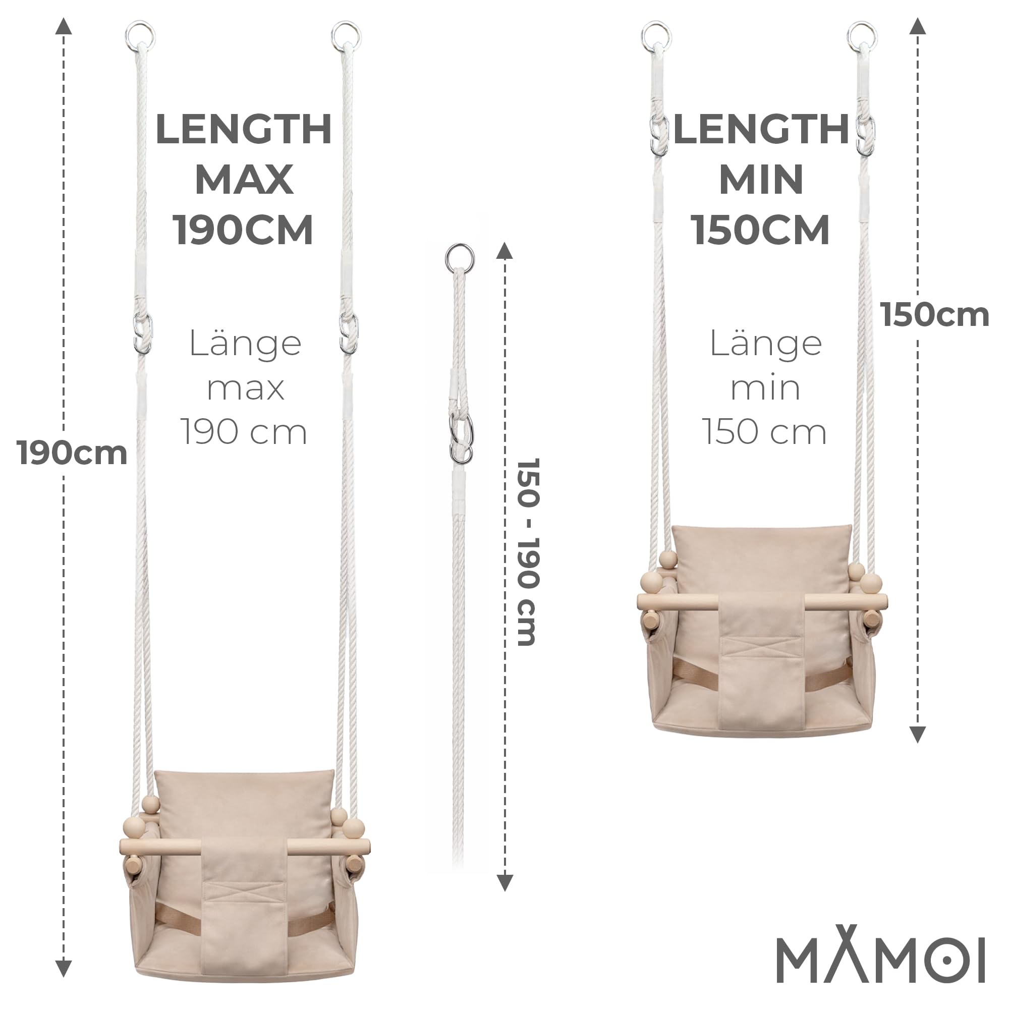 MAMOI Kinderschaukel mit Sicherheitsgurt, höhenverstellbar 150–190 cm, Schaukel für den Innenbereich, stabile Konstruktion, Velours-Sitz, einfache Montage, Innenschaukel für Kinder