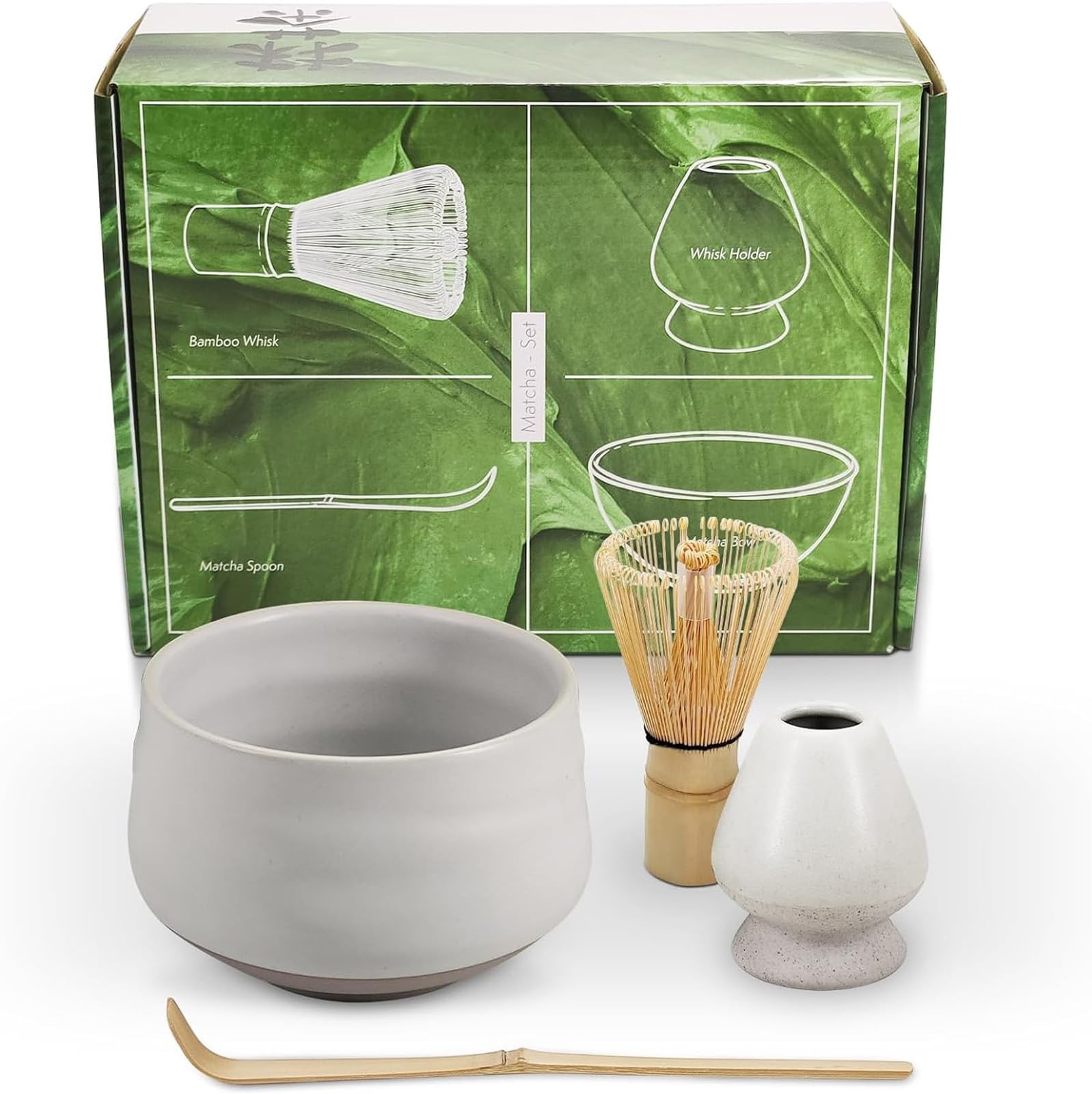 Matcha Tea Set,4pcs Japanese Matcha Whisk Set,White Gray Matcha Bowl Matcha Whisk Stand, Matcha Whisk and Tea Scoop,Traditional Matcha Tool Set for Matcha Tea Ceremony