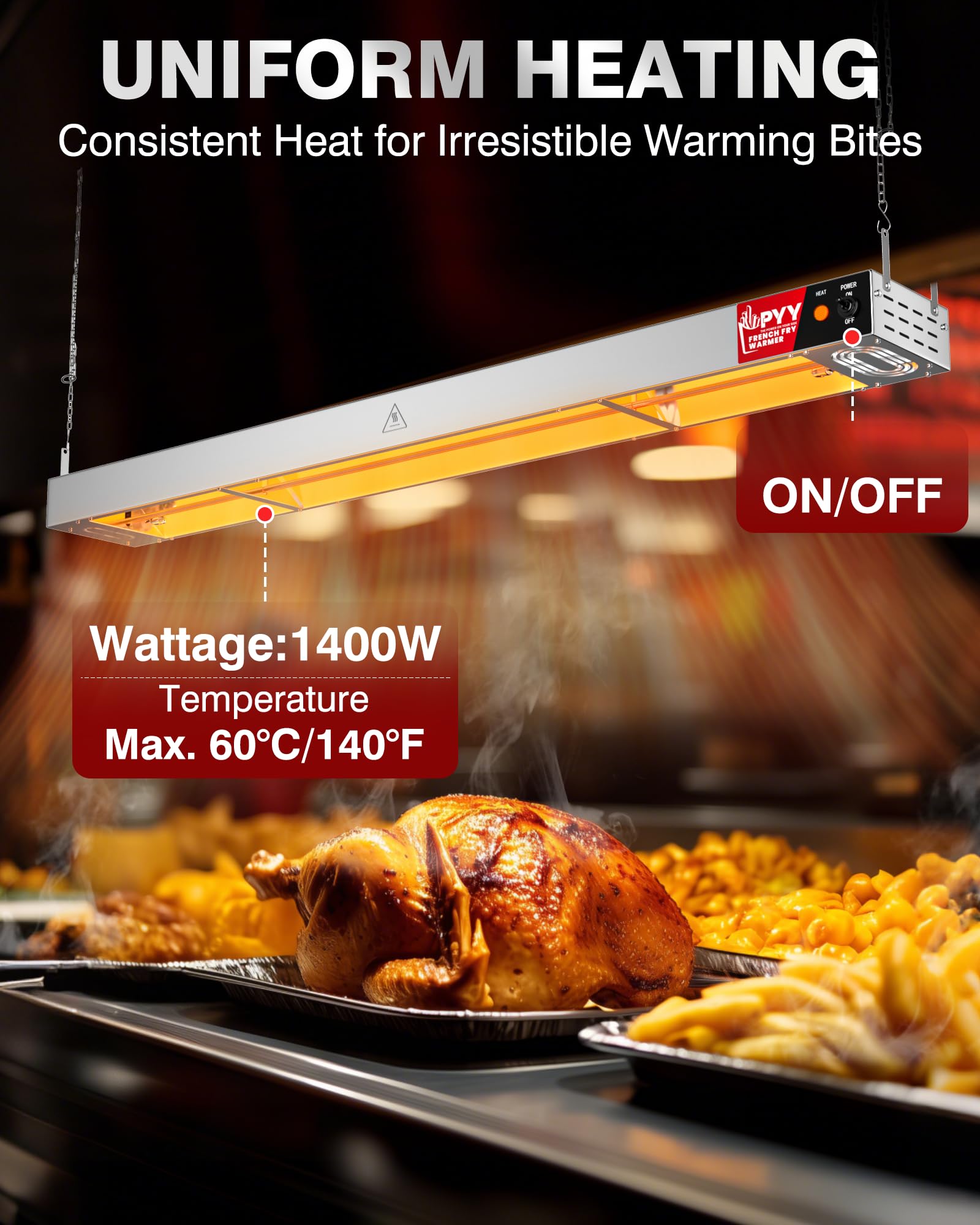 PYY 48 Inch Food Heat Lamp Strip - Commercial Food Heating Warmer, 1400W Hanging Stainless Steel Electric Strip Heater, Food Service Restaurant