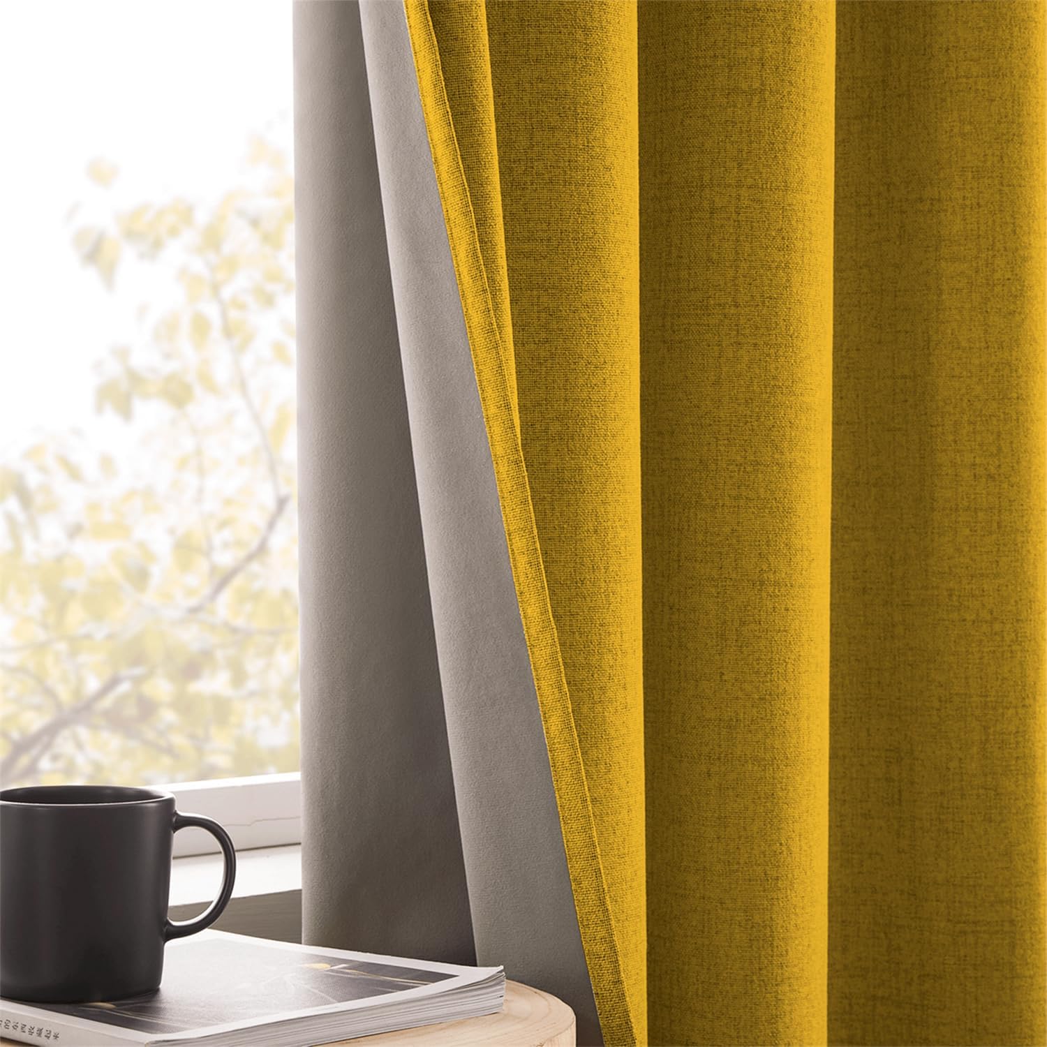 GYROHOME 2 Panels Mustard Yellow Faux Linen Blackout Curtains Light Blocking Thermal Insulated Window Treatment Grommet Top Drapes for Living Room, 52x84inch