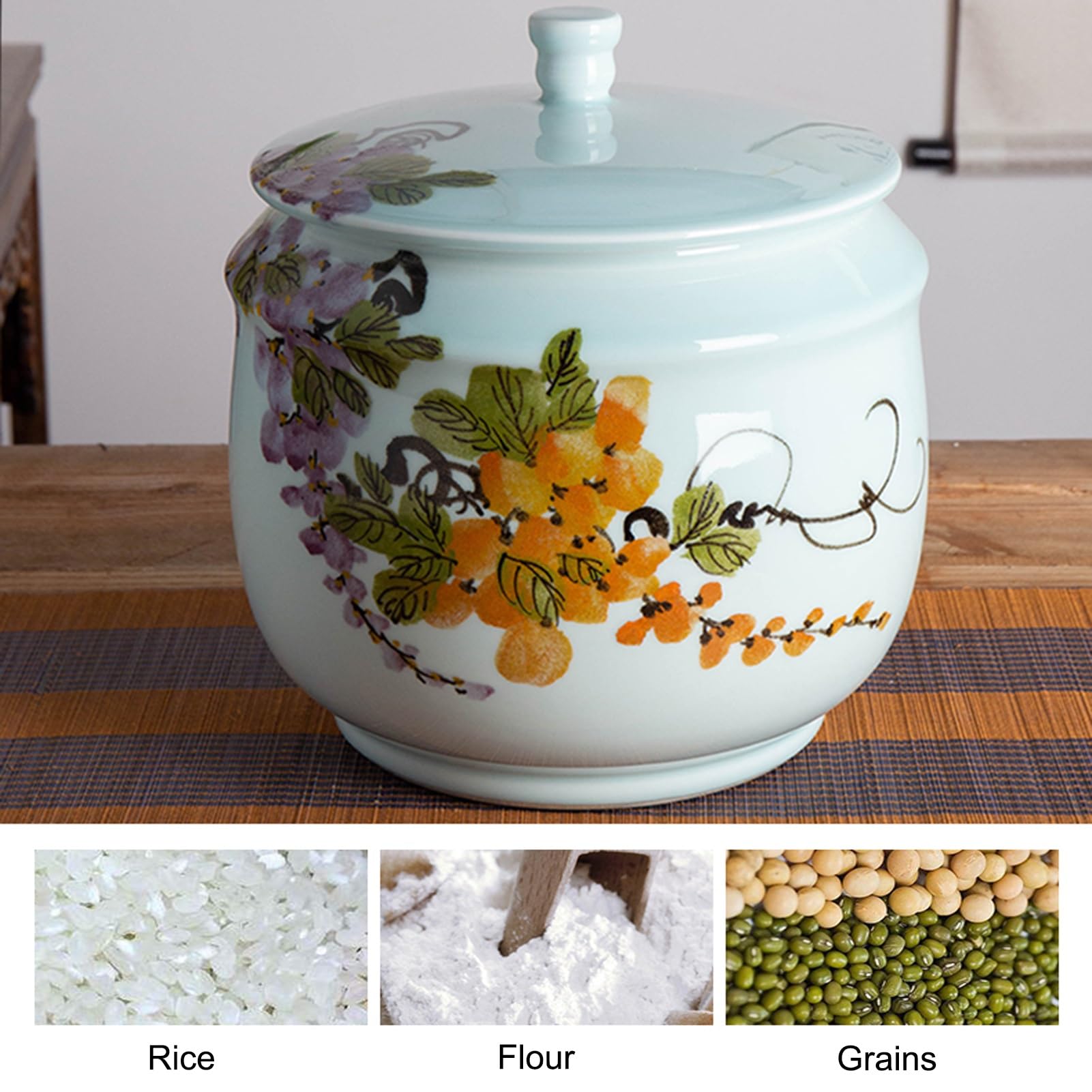 Duży ceramiczny słoik na ryż, ceramiczne wiaderko na ryż do użytku domowego, ceramiczny cylinder na ryż z pokrywką, ceramiczny pojemnik na ryż(Blue B,35.4x28.3cm/13.9x11.1in)